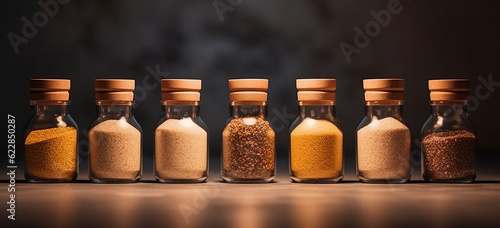 A set of spices in glass jars on a gray uniform background. Oriental spices, assorted spices in flasks. A spicy paprika created in AI.