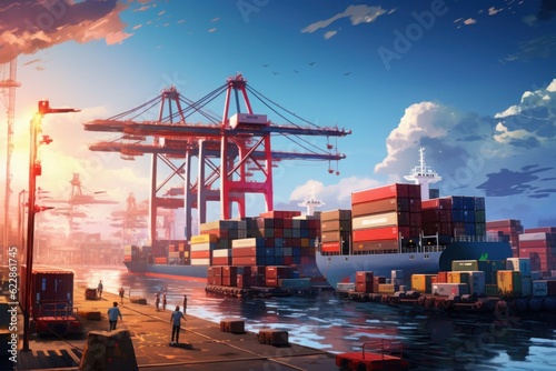 A bustling seaport docks a large cargo ship, unloading containers filled with goods. Generative AI