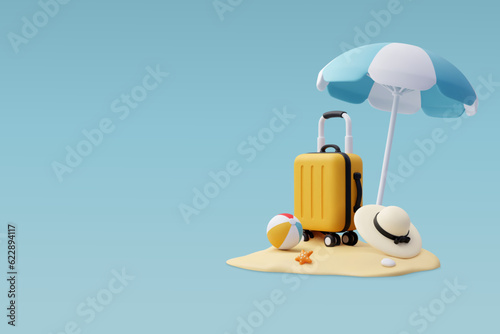 3d Vector luggage, Blue Umbrella and Ball, Summer holiday, Time to travel concept.