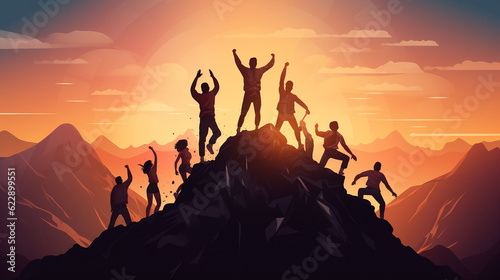 Successful Teamwork on top of a mountain at sunrise. Business Success Concept. Illustration