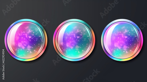 three round glass buttons with different colors and shapes. generative ai.