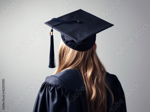 A female student in a study gown and a square academic cap, viewed from the back in close-up and on an isolated background. Generative AI