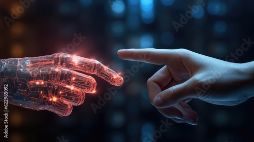 The human finger delicately touches the finger of a robot's metallic finger. Concept of harmonious coexistence of humans and AI technology,