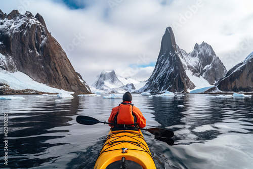 Extreme adventure winter kayaking in antarctica, kayaking tourism in north, kayak between icebergs, AI Generative