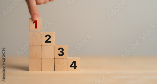 Task priority and management concept. The order of priority in any activity. Set work priority, arrange to do list. Wooden cube blocks with number first, second, third and fourth.