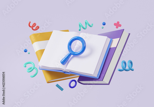 Open book magnifier search 3D icon floating on isolated pastel background. reading writing training learning education concept. knowledge dictionary, minimal cartoon. 3d rendering illustration
