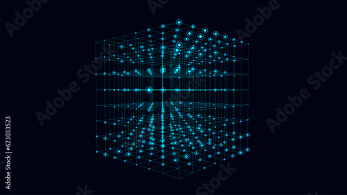 Abstract sci-fi cube with particle and line. Vector technology network connection on world. Global digital connections ai. Wireframe cube. Blockchain encryption.