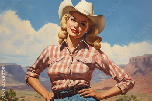 blonde, cowgirl wearing red plaid western shirt with desert mountain range vista vintage americana painting made with generative ai