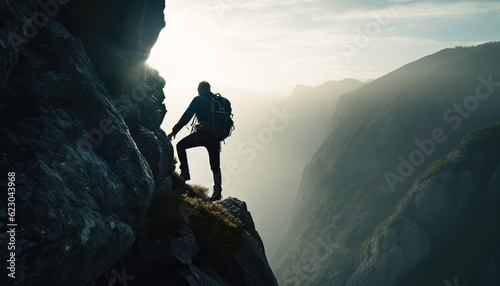 A brave climber conquers a challenging peak, demonstrating courage and engaging in extreme sports. Surrounded by mountains, Reach the top overcoming risks in this adventurous activity. Generative AI