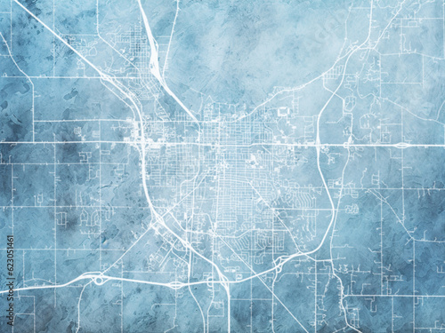 Illustration of a map of the city of Fond du Lac Wisconsin in the United States of America with white roads on a icy blue frozen background.