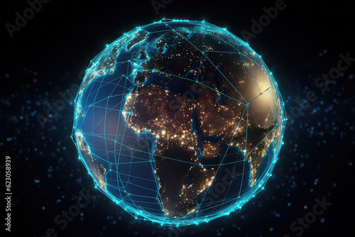 A globe of a planet surrounded by neural neon nexus lines, grid and nodes. Creative concept of technological progress, the World Wide Web backdrop. Generative AI 3d render illustration imitation.