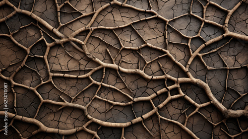 Close-up of intricate tree bark with patterns and texture. Abstract background of cracked ground with tree roots.