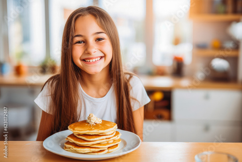 happy little girl eating breakfast pancakes. Healthy breakfast in the morning. Child eating breakfast. Generative AI