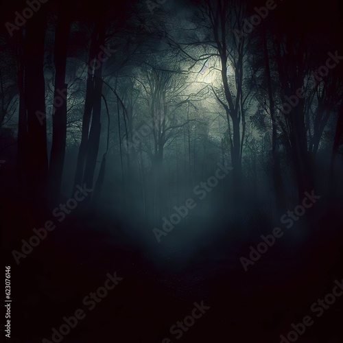 Dark gloomy forest. Night in the forest. Nature scene with forest and moonlight. Night view of the forest, nature, fog, smog, smoke