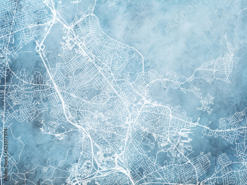Illustration of a map of the city of Quincy Massachusetts in the United States of America with white roads on a icy blue frozen background.