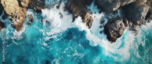 Aerial view of the ocean rocky shore.