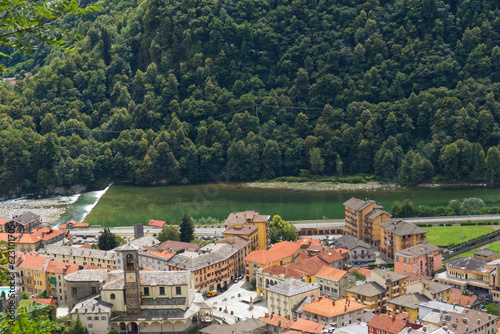 aerial shot of the Sesia river which crosses the city of varallo