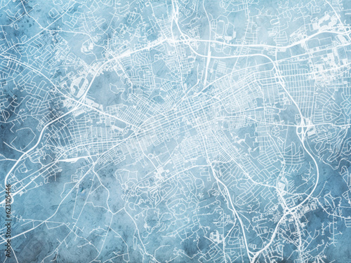 Illustration of a map of the city of York Pennsylvania in the United States of America with white roads on a icy blue frozen background.