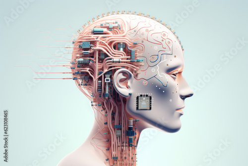 Tête humaine de profil avec un cerveau connecté avec des circuits imprimés symbolisant l'intelligence artificielle et l'homme augmenté sur un fond pastel