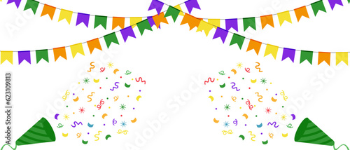 Big horizontal banner with Carnival Firecracker with paper Confetti and Ribbon. Confetti explosion from holiday petard isolated on white background. Holiday symbol. Vector illustration.