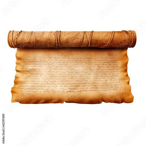 Old textured wide papyrus scroll with ancient Egypt hieroglyphics isolated on white background illustration.