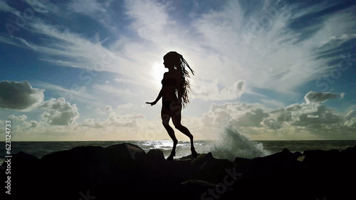 Silhouette of the satyr on the cliff. Dramatic panorama of rough sea with cloudy sky. Fantasy concept, background of god Pan, bright and contrasting colors in painted style.