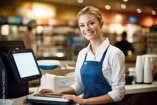 Smiling, young and attractive saleswoman, cashier serving customers. AI generativ.