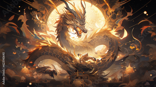 Chinese dragon, Zodiac. Chinese new year 2024 Asian Celebration, illustration fantasy anime manga Chinese Golden dragon,Generative Ai