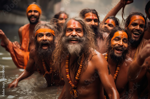 Group of Indian men in the Ganges river doing the ritual of the sacred bath