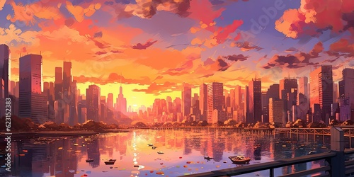  digital illustration of an autumn cityscape at sunset scene showcases a bustling city with tall buildings adorned with colorful autumn decorations Generative AI Digital Illustration