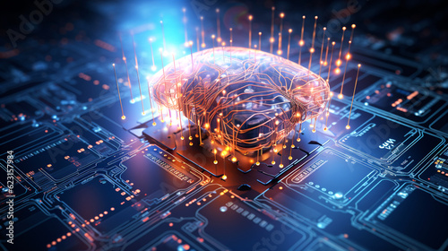 leuchtender Computer Chip mit Gehirn als Symbol für Künstliche Intelligenz