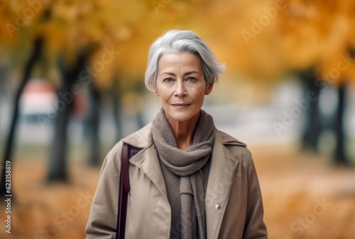 Älterere Frau beim Spaziergang in einem Park im Herbst, Generative KI