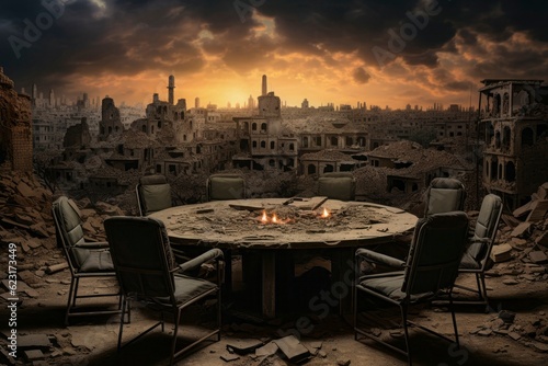 Empty Round Table: Symbol of Apocalypse and Destruction of World's Powerful
