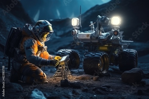 Astronaut Operating Rover on Alien Planet in Daylight generative AI