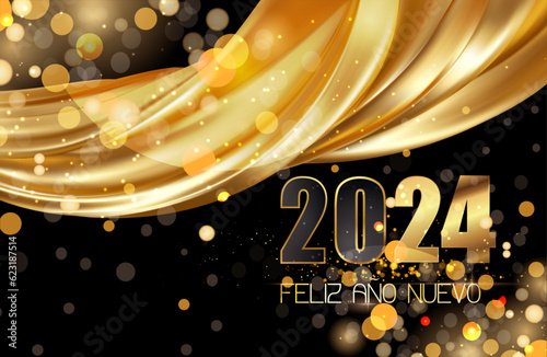 tarjeta o pancarta para desear un feliz año nuevo 2024 en negro y dorado con un paño de tela de colores y círculos en efecto bokeh sobre un fondo negro