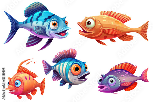 set fish in cartoon style for video game isolated on white background, AI
