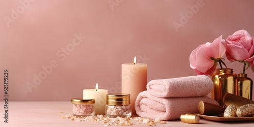 Beauty treatment items for spa procedures on pink wooden table and gold marble wall. massage stones, essential oils and sea salt. candle, rolled up white towel, plants, copy space