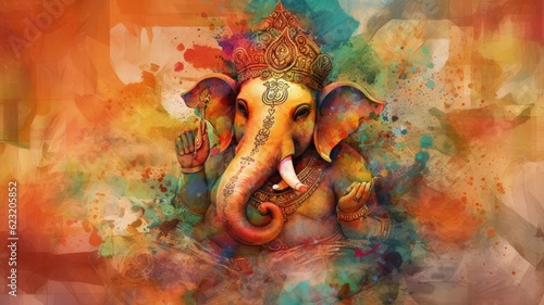 Happy Ganesh Chaturthi greetings card. Bright illustration background for Ganesh Chaturthi Hindu festival celebrated in India to honor Lord Ganesha, the elephant-headed deity