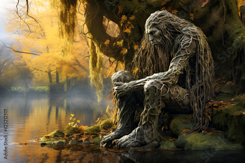 Fantasy tree spirit creature sitting by lake, nature deity