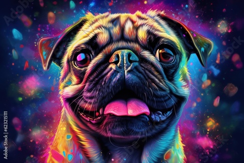 Portrait of a pug dog created with bright paint splatters. Generative AI