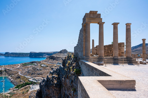 View of the temple ruins at Lindos Acropolis. Rhodes, Greece