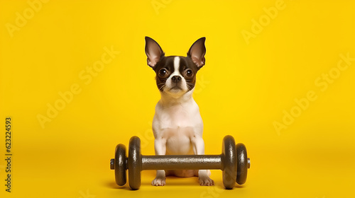 Cute chihuahua puppy with sports equipment on a yellow background. The concept of sports, fitness, bodybuilding. Generative AI.