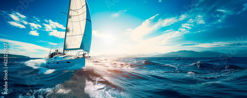 Regatta of sailing ships with white sails on the high seas. Aerial view of a sailboat in a windy state. 