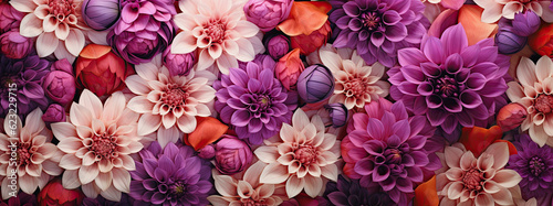 generative ai illustration banner sized background with purple and pink dahlia flowers