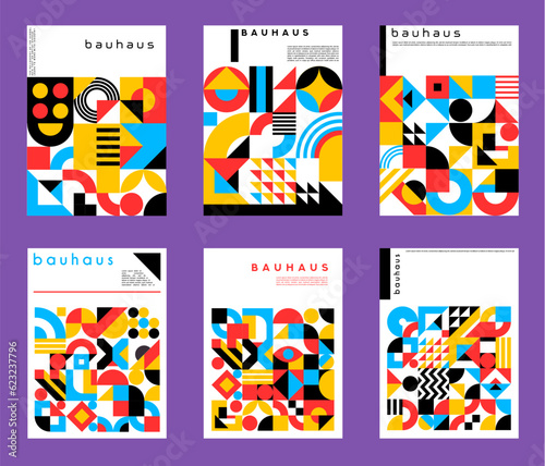 Abstract geometric posters with bauhaus pattern. Vector graphic shapes of color circles, squares and triangles background. Modern bauhaus banners set with geometry collage of simple forms and figures