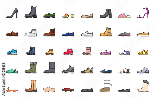 Footwear line icons, shoes, sneaker and boots, vector fashion foot wear pictograms. Shoes icons of sport sneakers, women high heels and leather sandals, kid flip-flops and men loafer or clogs