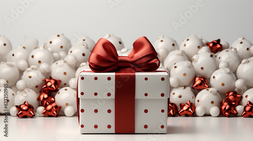 Abra a caixa de presente branca ou caixa de presente com fitas vermelhas e arco isolado no fundo cinza branco com renderização 3D conceitual mínimo de sombra