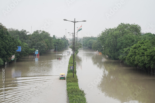 New Delhi, India-07-13-2023: Drone view of flooded streets after Yamuna River started overflowing after crossing the 208m danger mark.