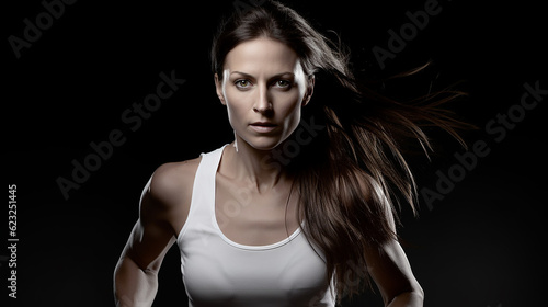 Conceito de esporte. Foto em preto e branco. Um forte atlético, velocista feminino, correndo isolado em preto, vestindo roupas esportivas, fitness e motivação esportiva. conceito de corredor