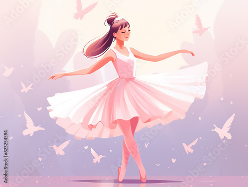Cute and beautiful young ballerina in tutu dress, cartoon illustration style